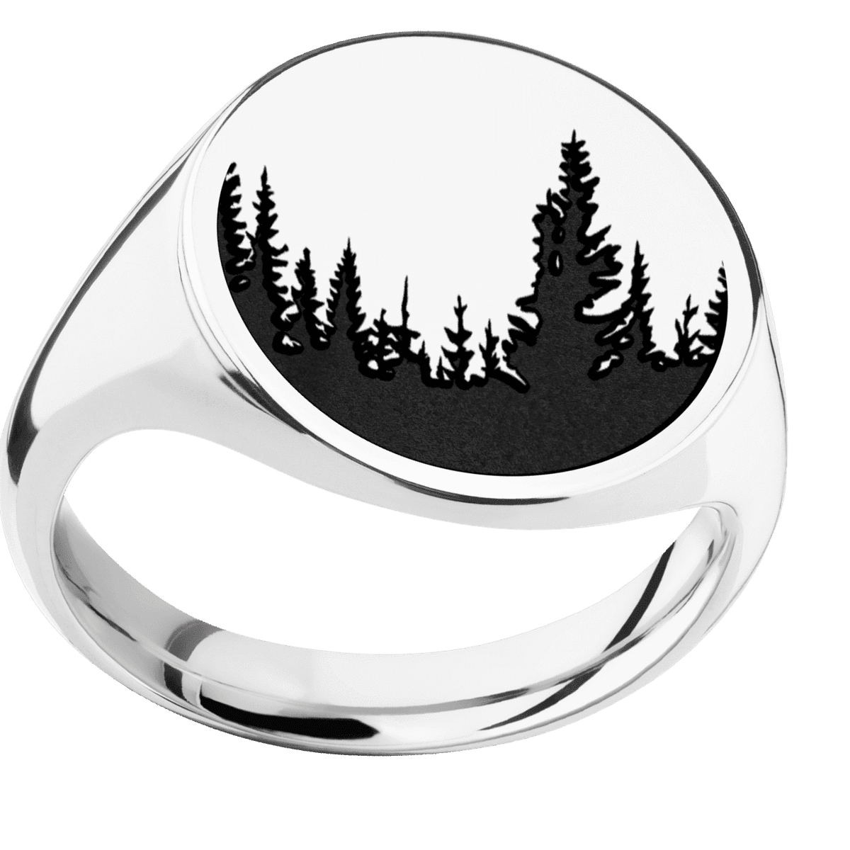 Large Circle signet ring (18mm) in Palladium Silver, with a Thin style band and a Trees engraving.