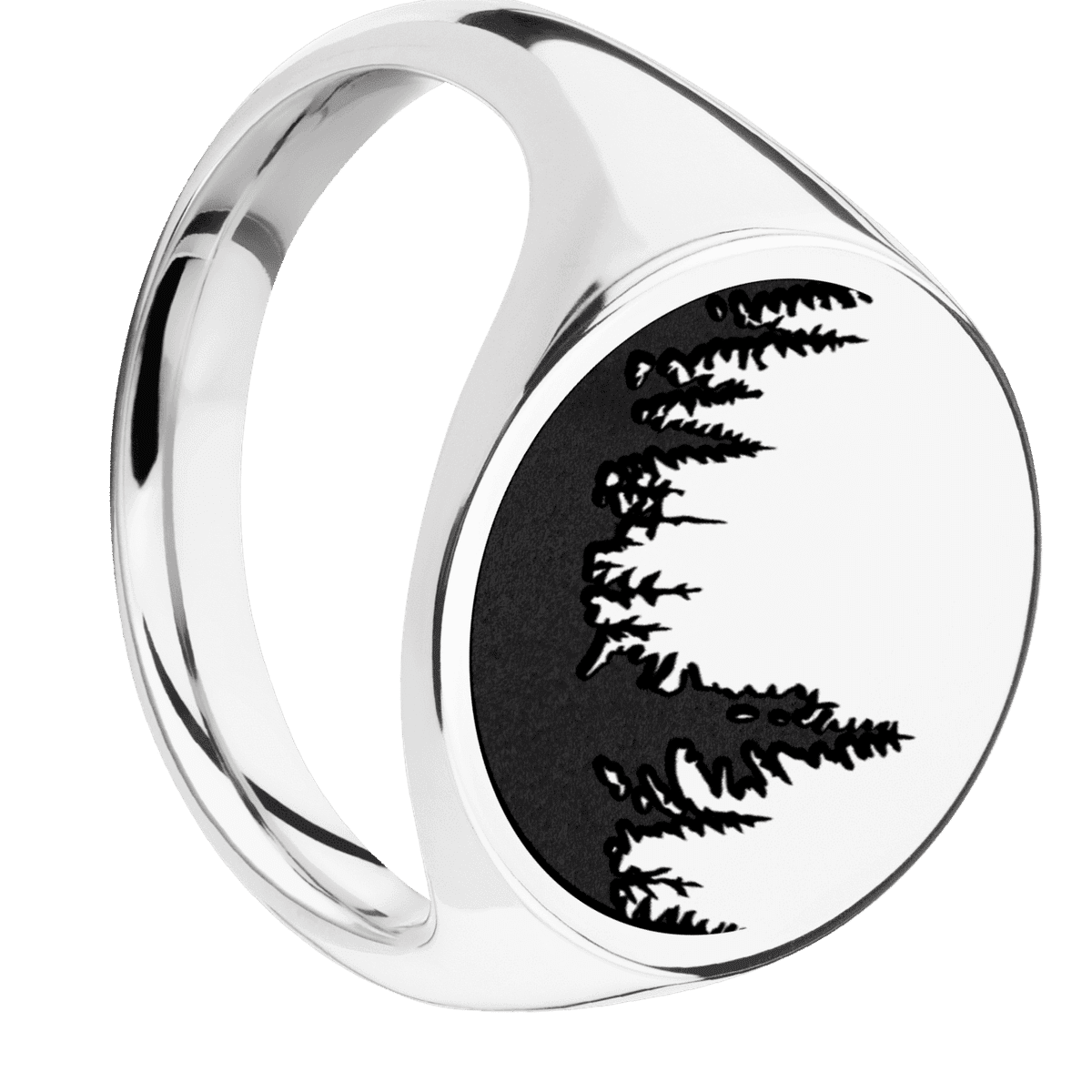 Large Circle signet ring (18mm) in Palladium Silver, with a Thin style band and a Trees engraving.