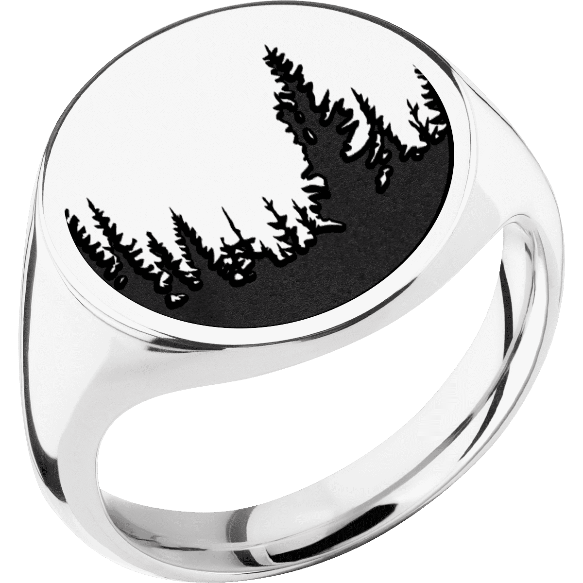 Large Circle signet ring (18mm) in Palladium Silver, with a Thin style band and a Trees engraving.