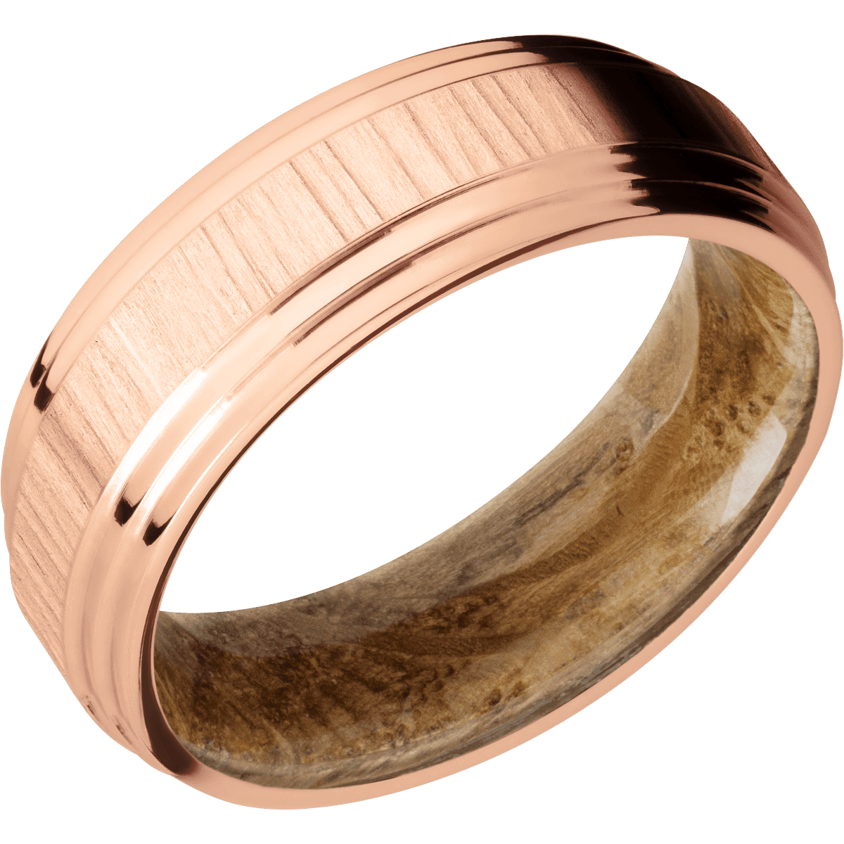10K Rose Gold + Treebark1 , Polish Finish + Whiskey Barrel