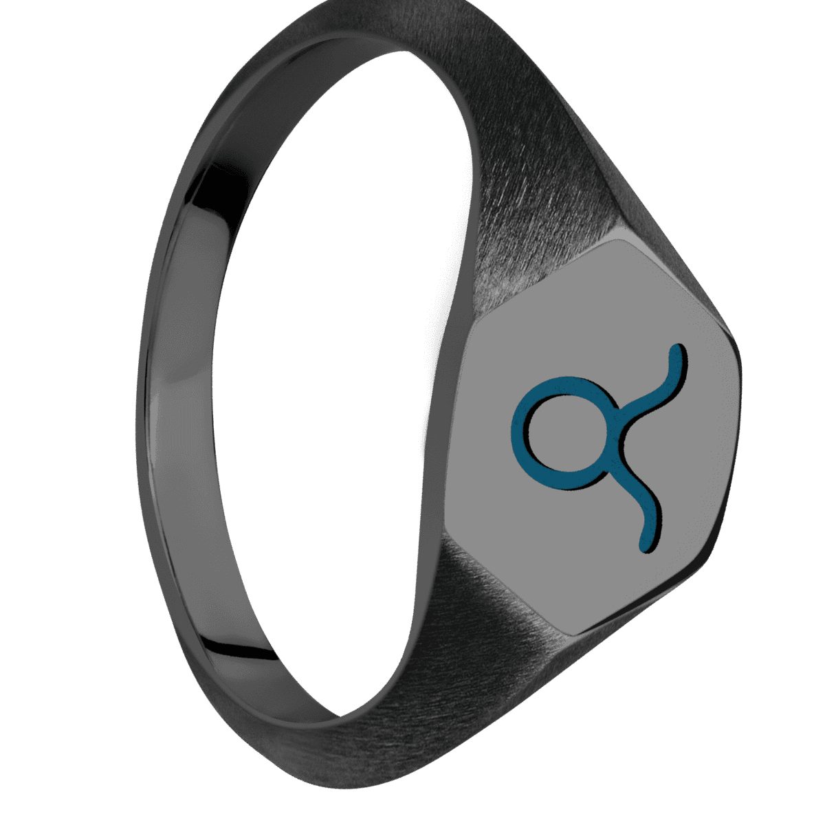 Small Hexagon signet ring (11.5x10) in Zirconium, with a Thin style band and a TAURUS engraving.