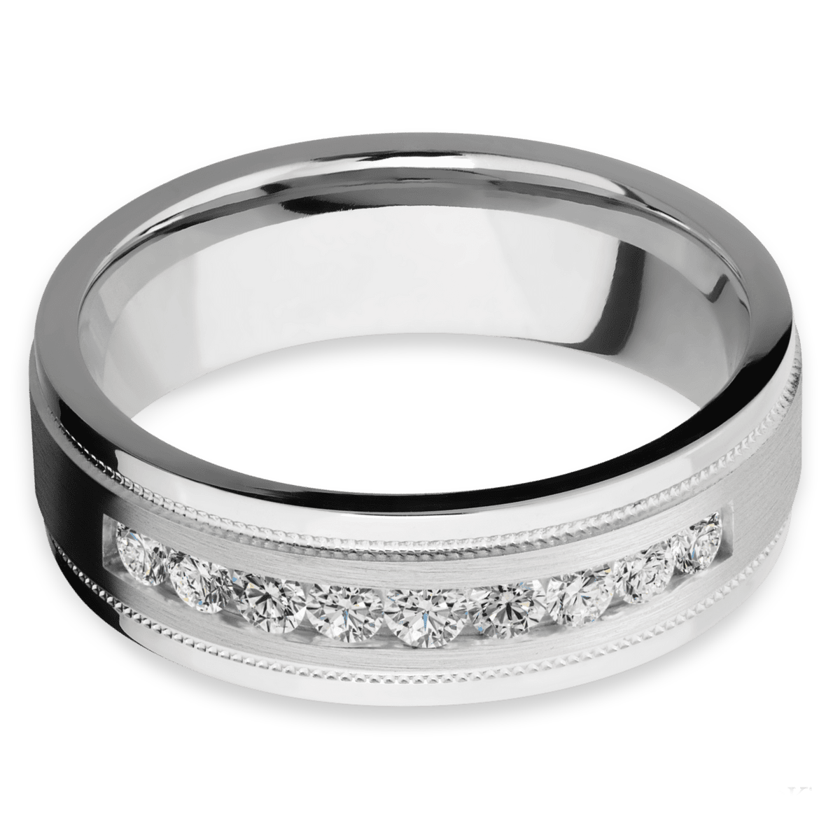 7mm wide flat stepped edges milgrain cobalt chrome band with nine .05 carat round lab gown diamond stones in a channel setting.