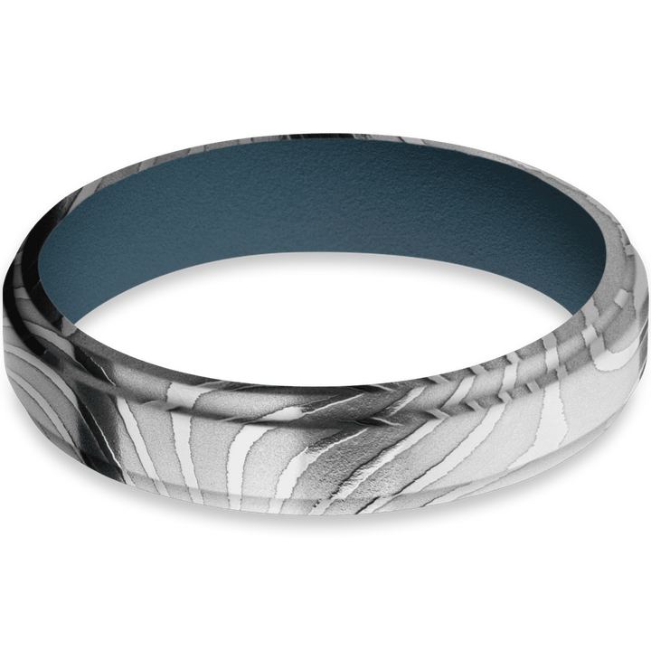 5mm wide flat grooved edges flattwist damascus women's engagement ring featuring a stone blue cerakote sleeve.