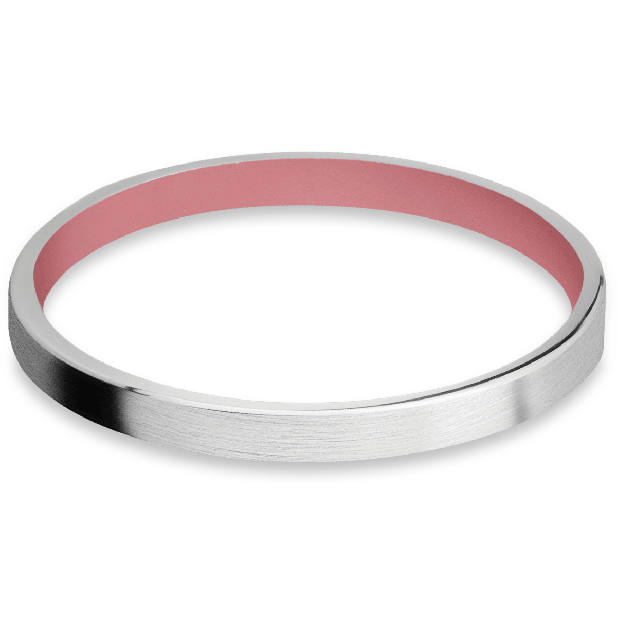 2mm wide flat platinum engagement ring featuring a bazooka pink cerakote sleeve.