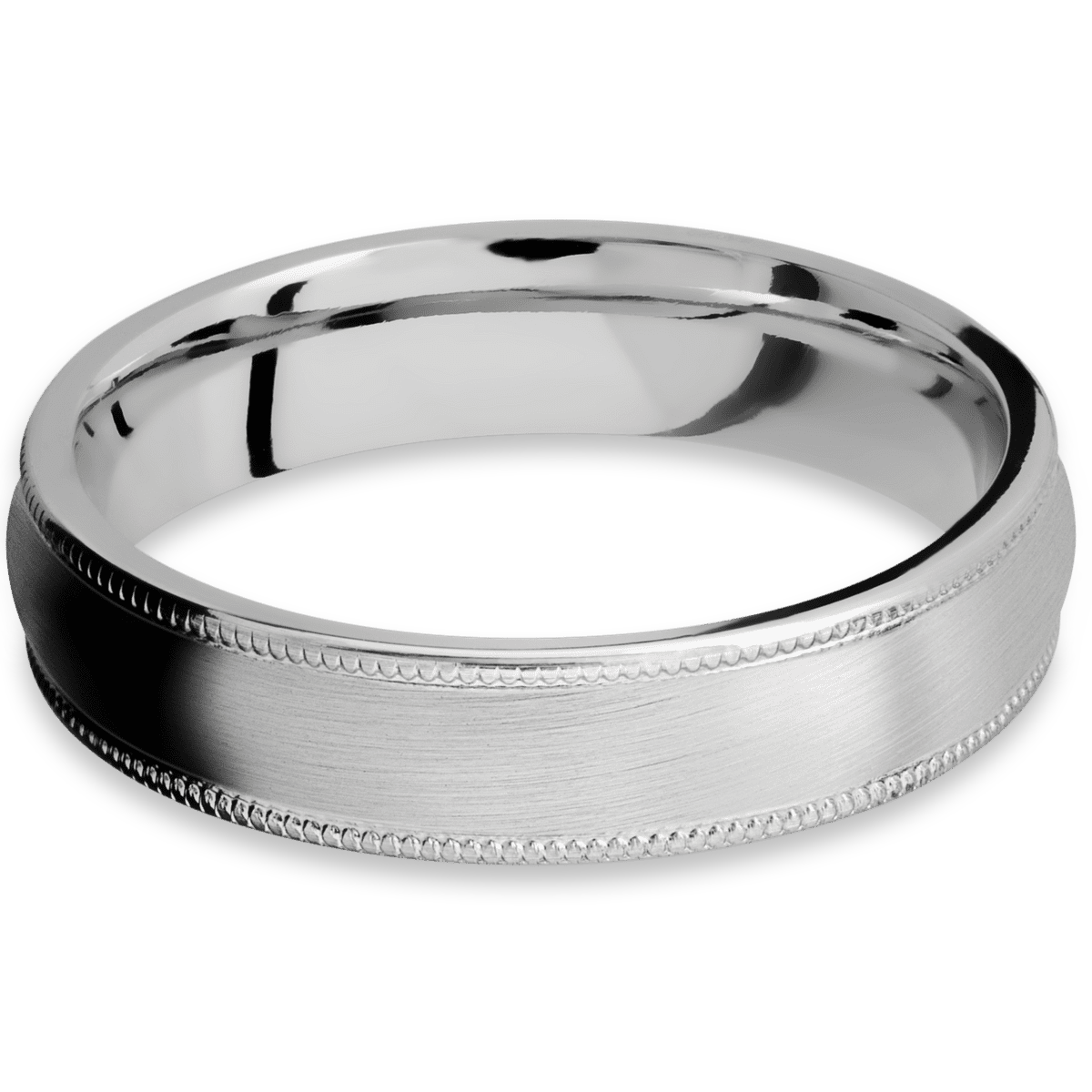 5mm wide domed milgrain edges platinum engagement ring with a satin finish.