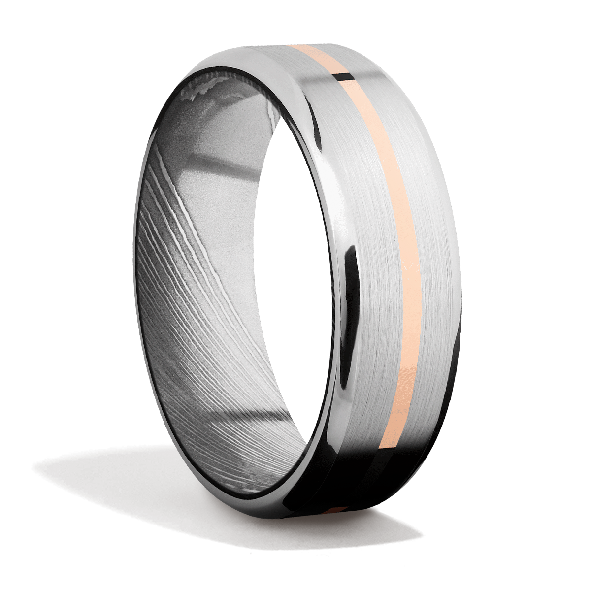 Custom Men s Ring Platinum with Rose Gold with Damascus Steel Mens Wedding or Everyday Ring