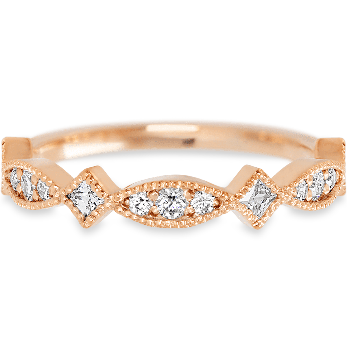 14K Rose Gold band with 3 Round, 6 Round and 4 Princess White Lab Diamond having TCW-.39