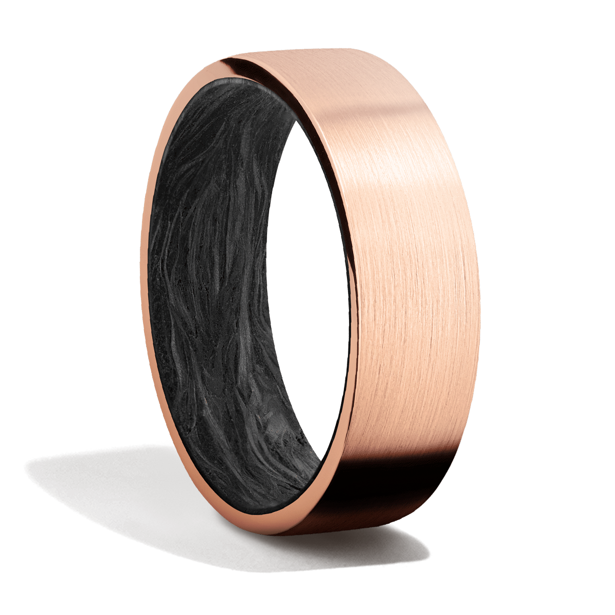 Handsome Rose Gold Forged Carbon Fiber Satin Finish Mens Wedding or Everyday Ring Emblem