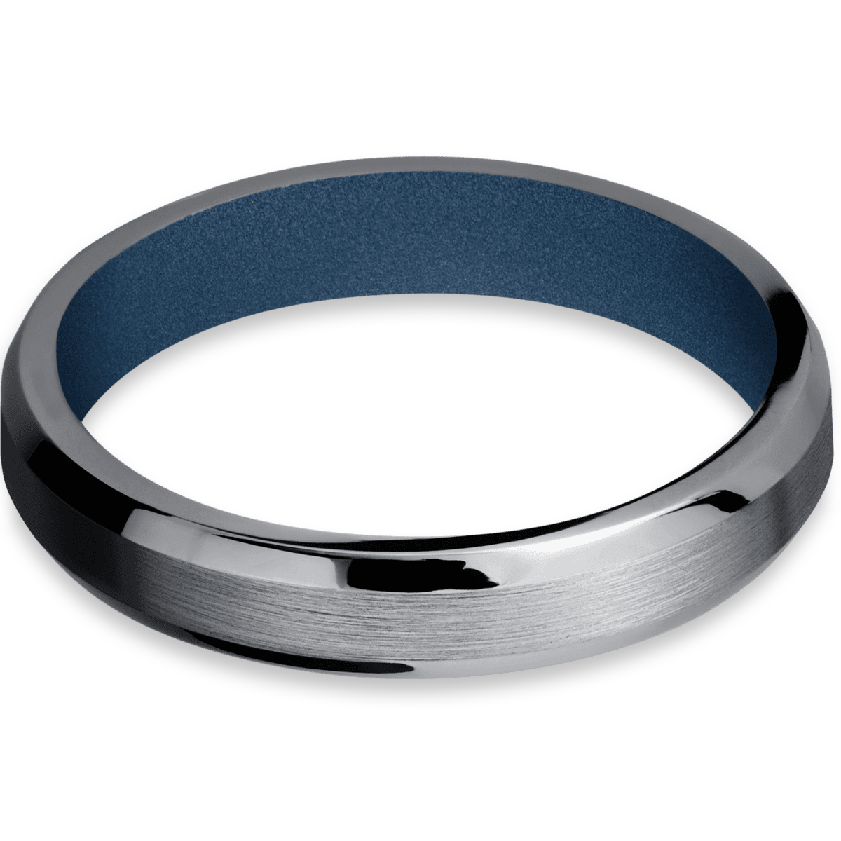 4mm wide beveled tantalum women&#39;s wedding ring featuring a polar blue cerakote sleeve.