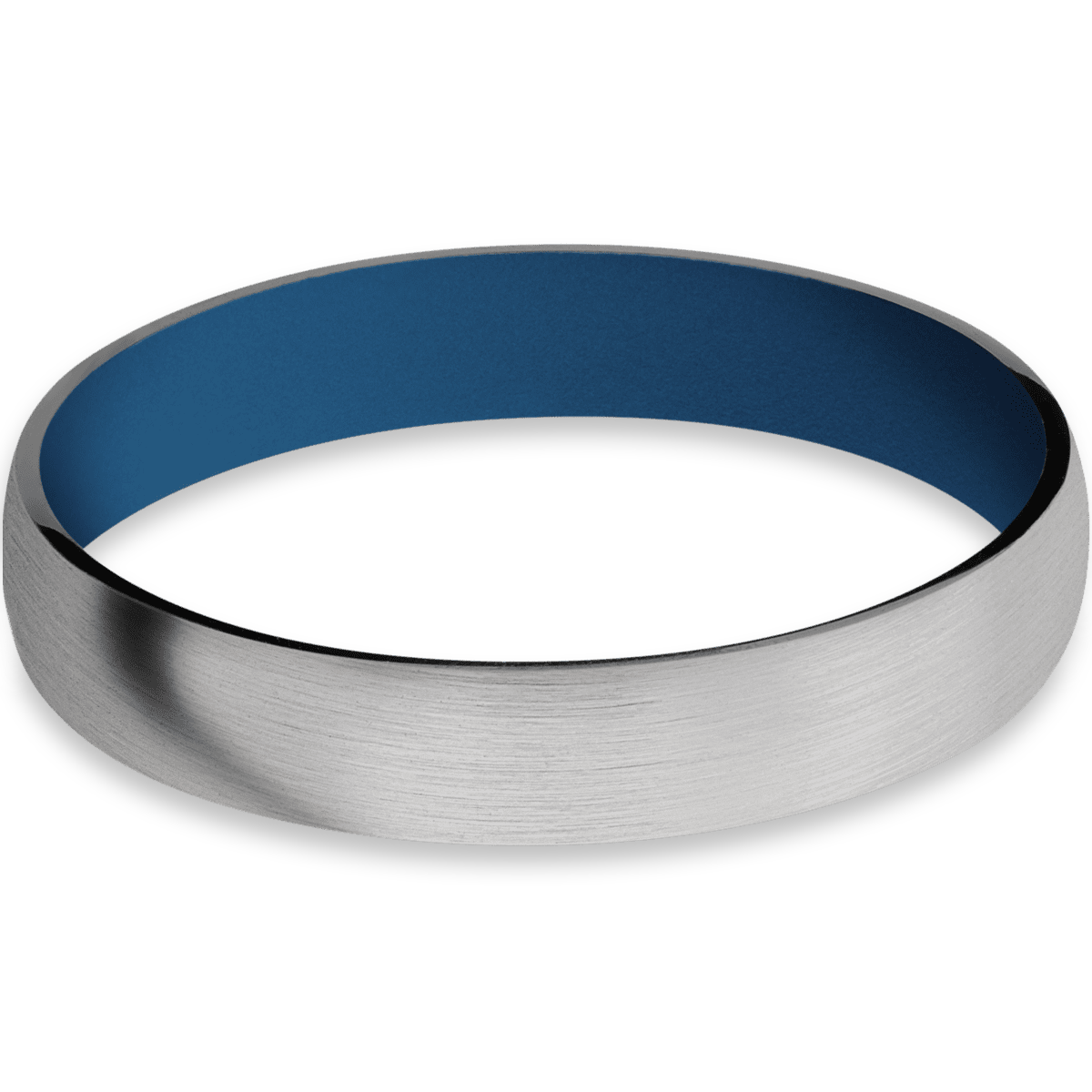 4mm wide domed titanium women&#39;s wedding ring featuring a ridgeway blue sleeve.