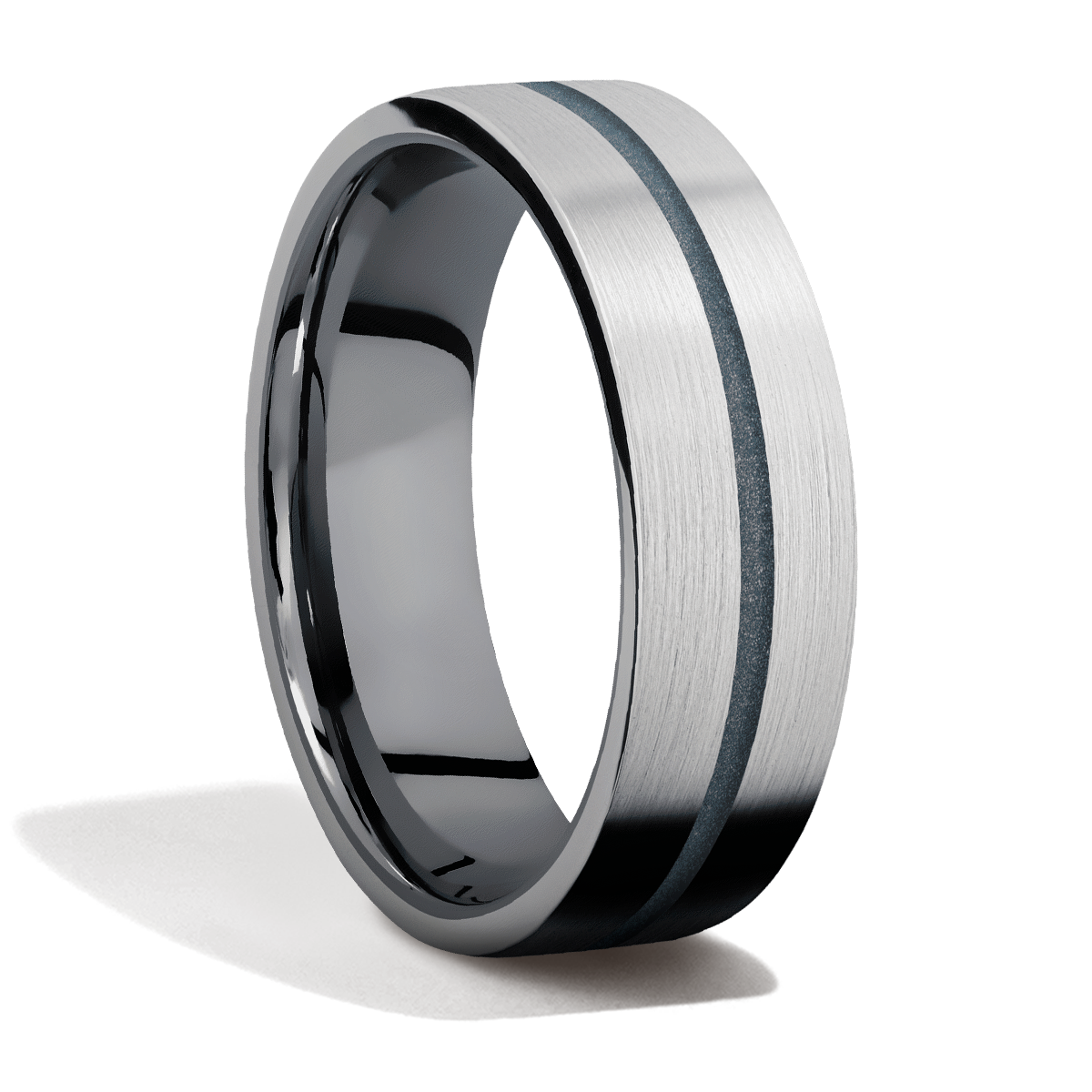 7mm wide flat titanium men&#39;s wedding ring with one 1mm centered inlay of cerakote and tantalum sleeve.