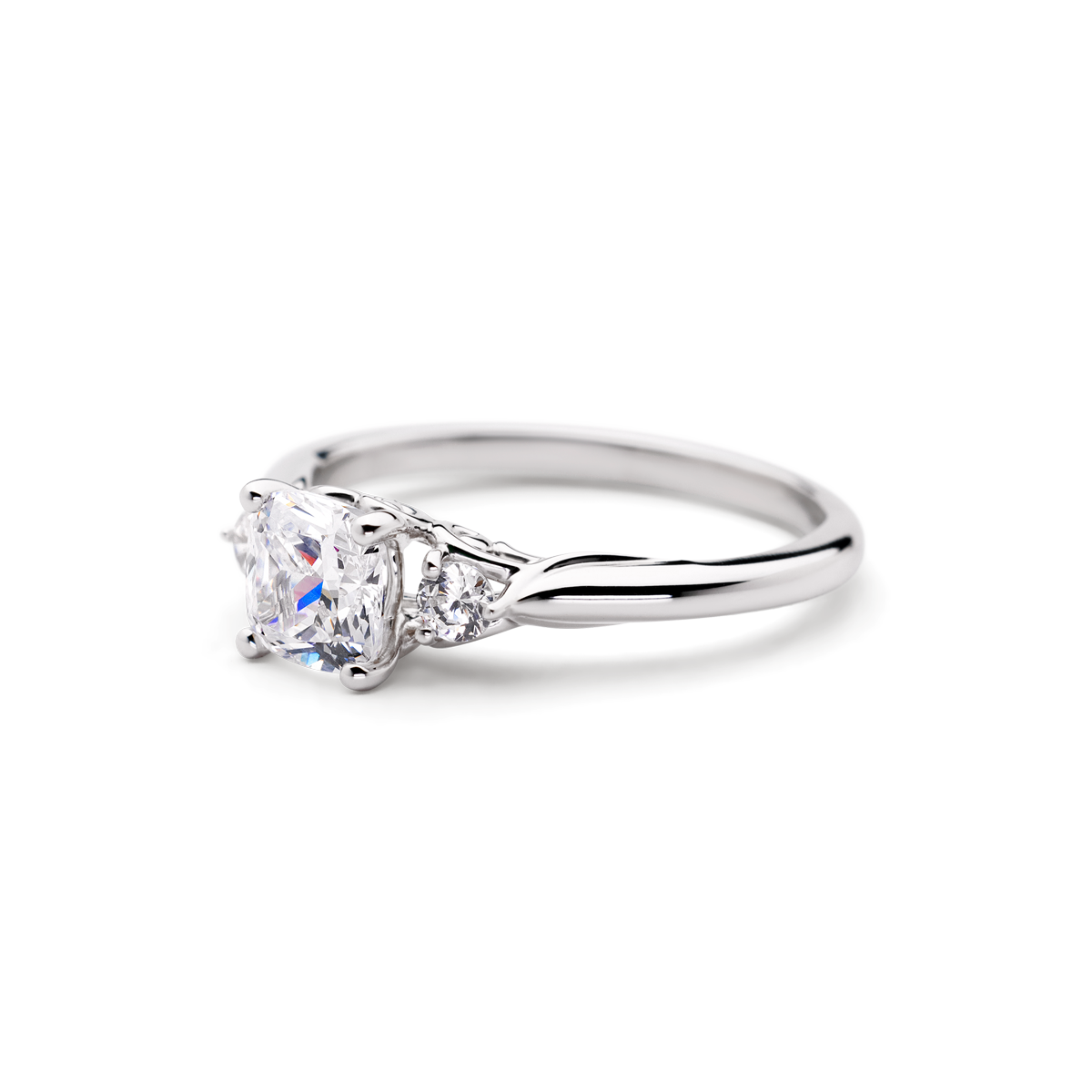 Three Stone Cushion Engagement + White Diamonds