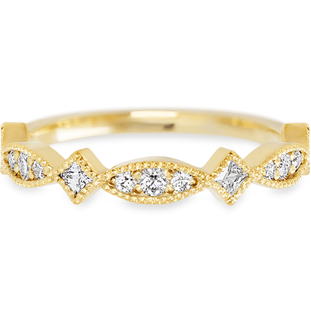 Deco Yellow Gold + White Diamonds Womens Wedding or Everyday Ring