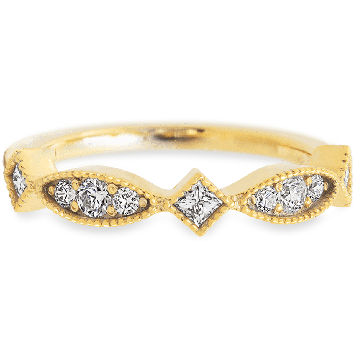 Deco Yellow Gold + White Diamonds Womens Wedding or Everyday Ring
