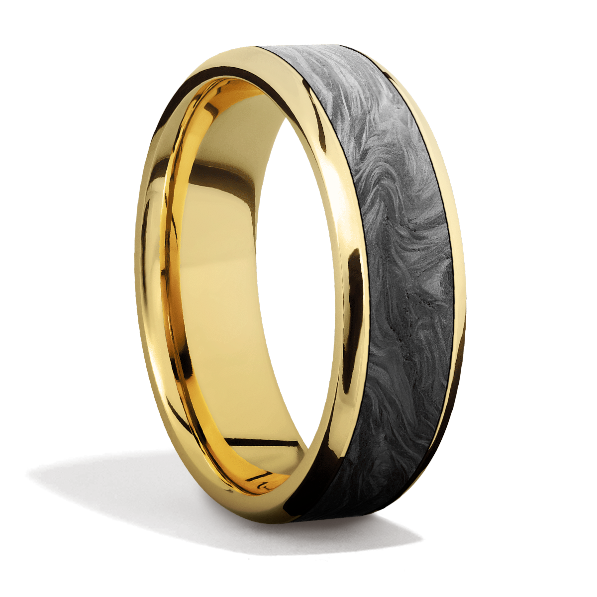 Handsome Yellow Gold Forged Carbon Fiber Polish Finish Mens Wedding or Everyday Ring Emblem